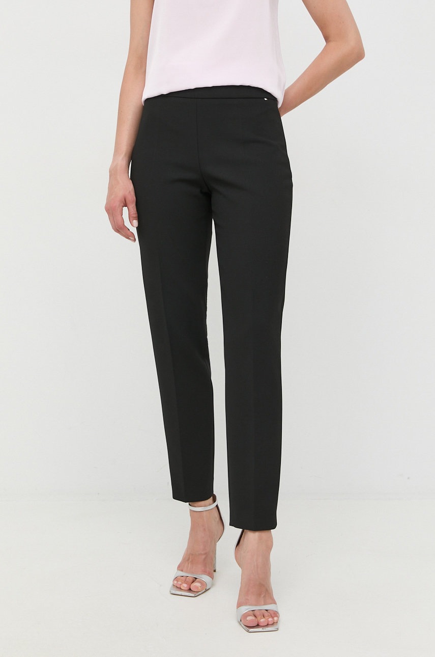 BOSS pantaloni femei, culoarea negru, fason tigareta, high waist