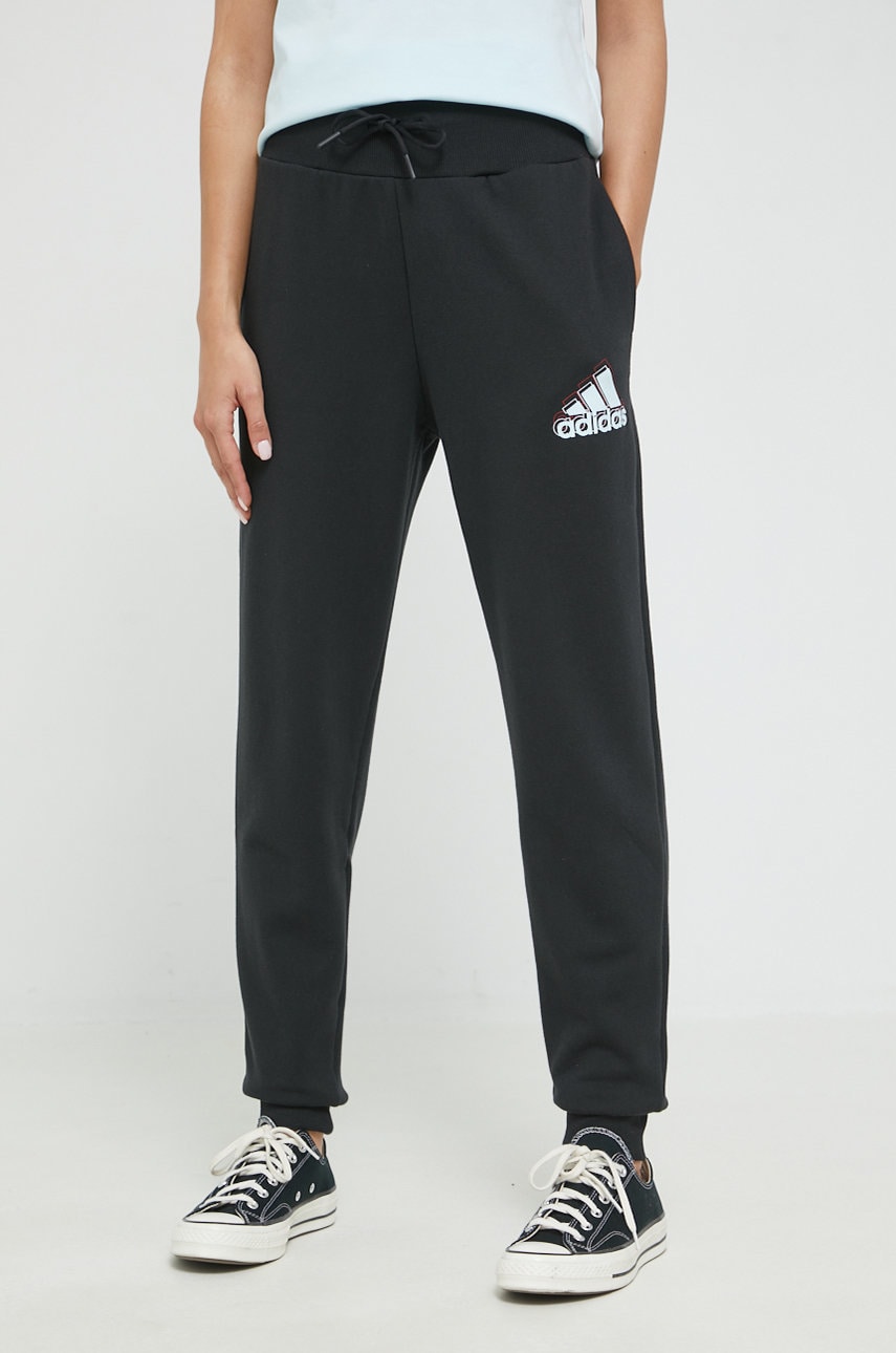 Tepláky adidas dámské, černá barva, s potiskem - černá -  100% Bavlna