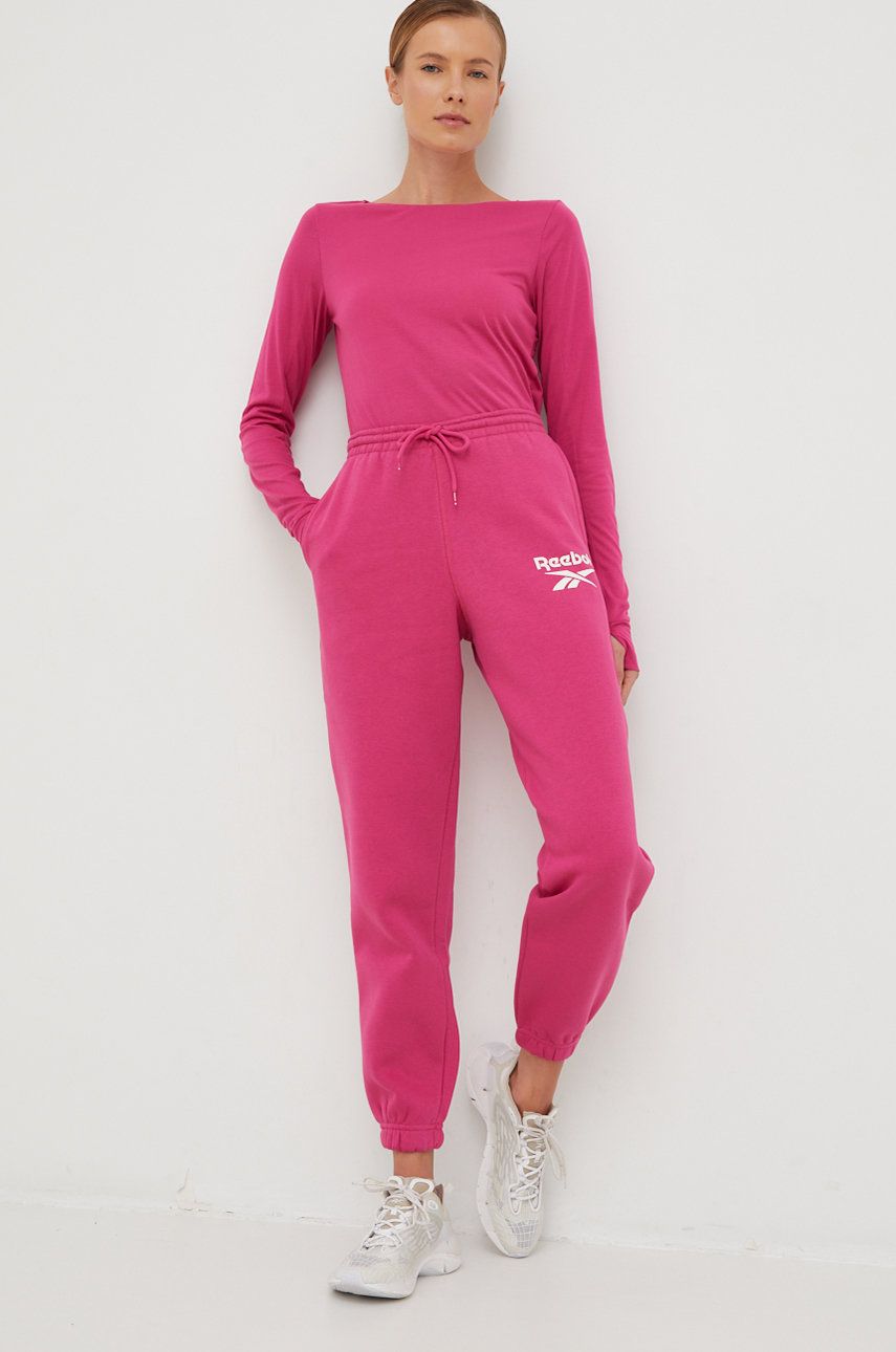 Reebok pantaloni de trening femei, culoarea roz, cu imprimeu