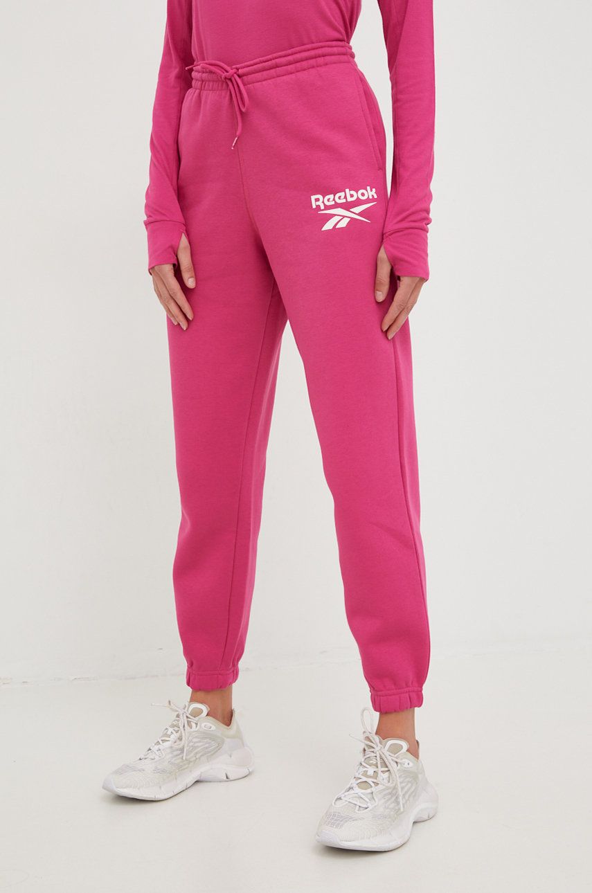 Reebok Pantaloni De Trening Femei, Culoarea Roz, Cu Imprimeu