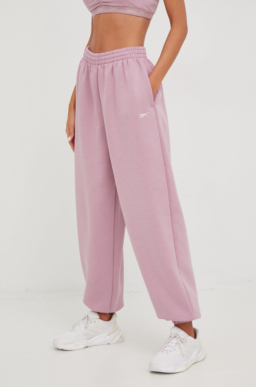 Reebok pantaloni de trening studio femei, culoarea roz, neted