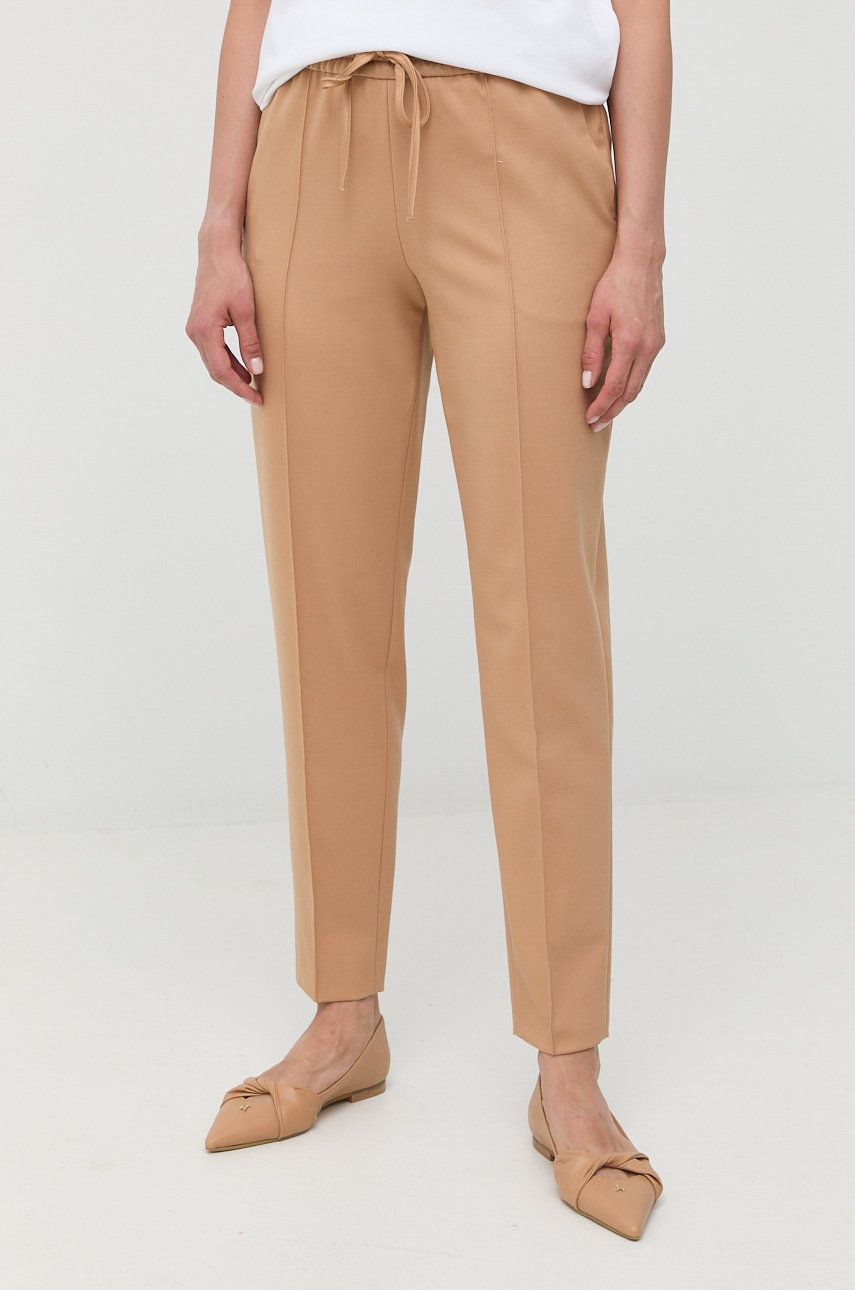 Twinset spodnie z domieszką wełny damskie kolor beżowy dopasowane high waist