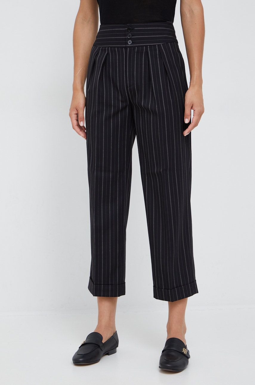 Vlněné kalhoty Lauren Ralph Lauren dámské, černá barva, jednoduché, high waist - černá -  55% V