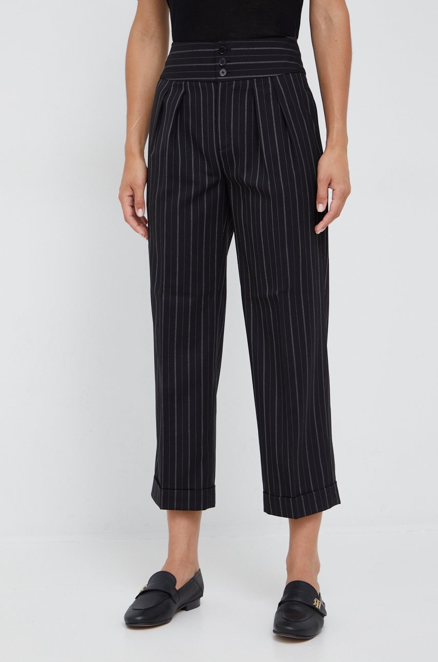 Levně Vlněné kalhoty Lauren Ralph Lauren dámské, černá barva, jednoduché, high waist