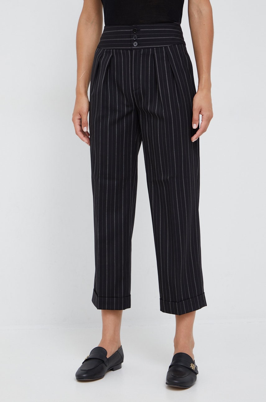 Vlněné kalhoty Lauren Ralph Lauren dámské, černá barva, jednoduché, high waist - černá -  55% V