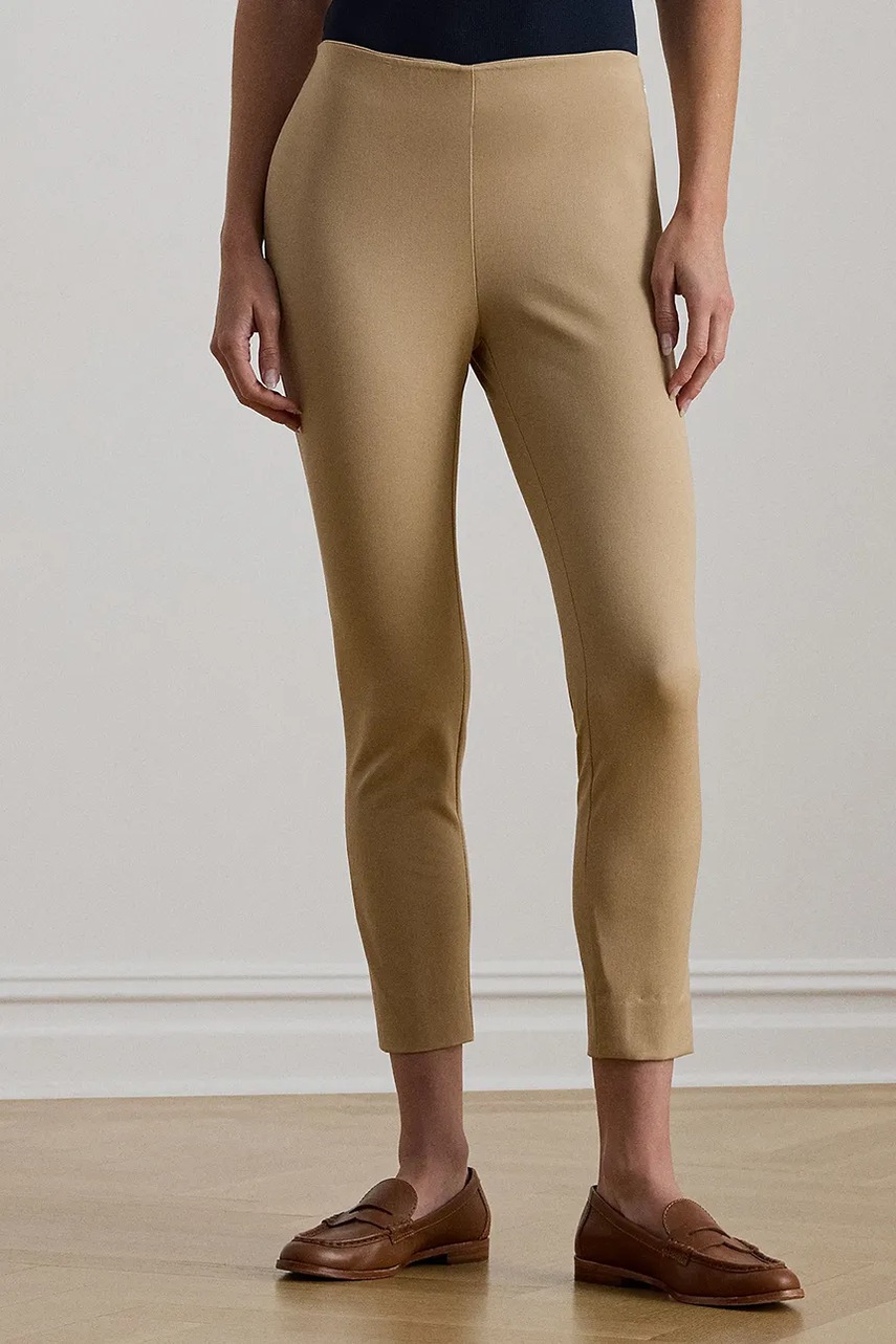 Levně Kalhoty Lauren Ralph Lauren dámské, béžová barva, přiléhavé, high waist