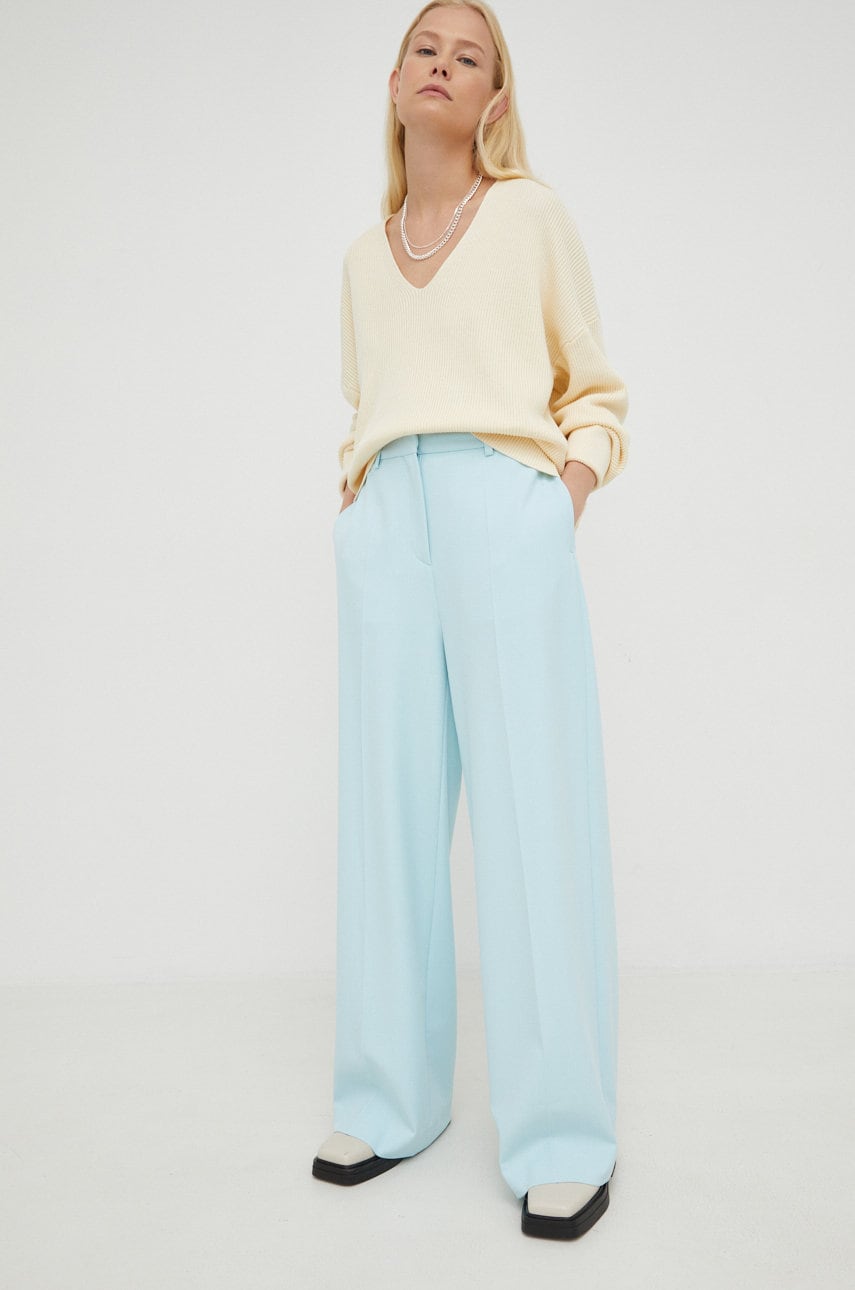 Samsoe samsoe pantaloni femei, culoarea turcoaz, lat, high waist