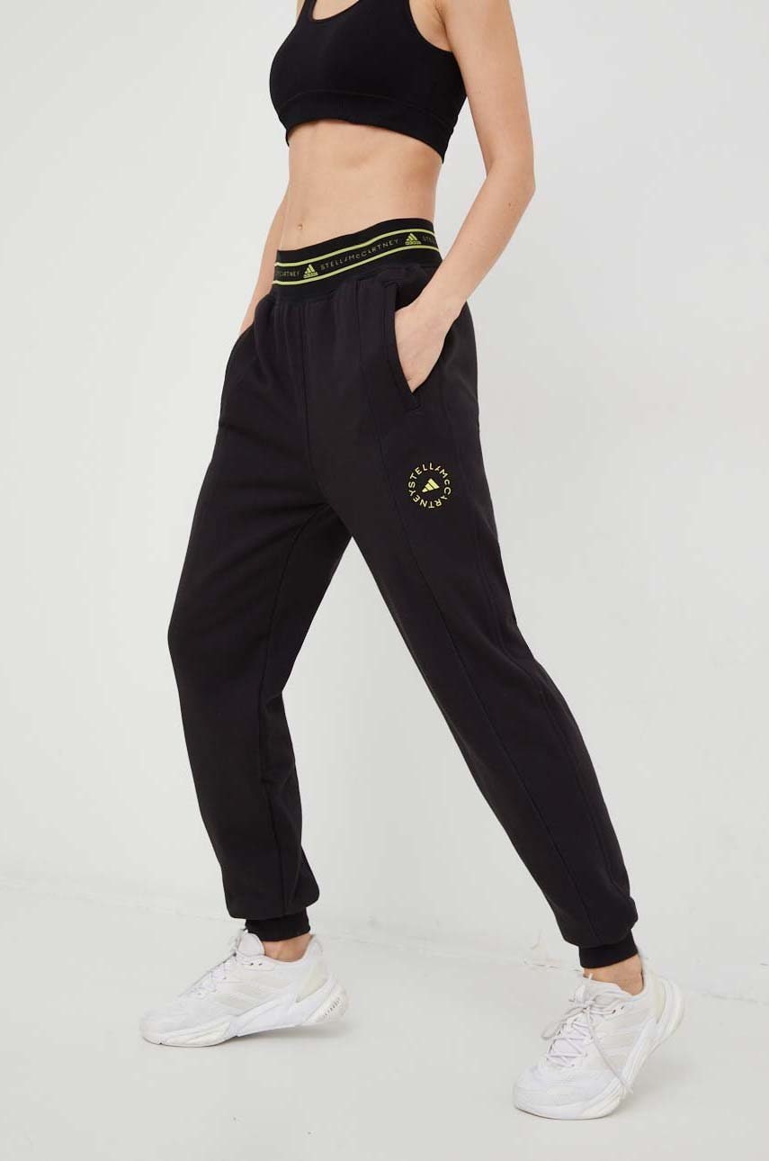 Adidas by stella mccartney pantaloni de trening femei, culoarea negru, cu imprimeu