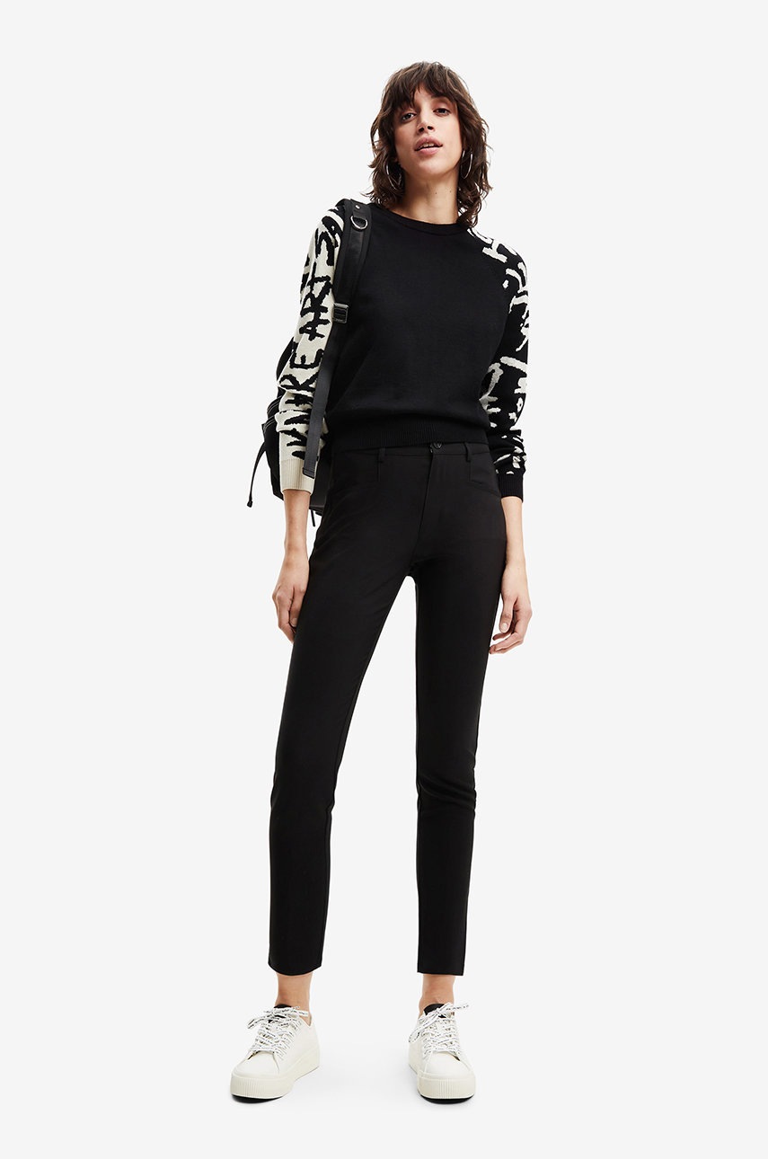 Desigual pantaloni femei, culoarea negru, mulata, medium waist