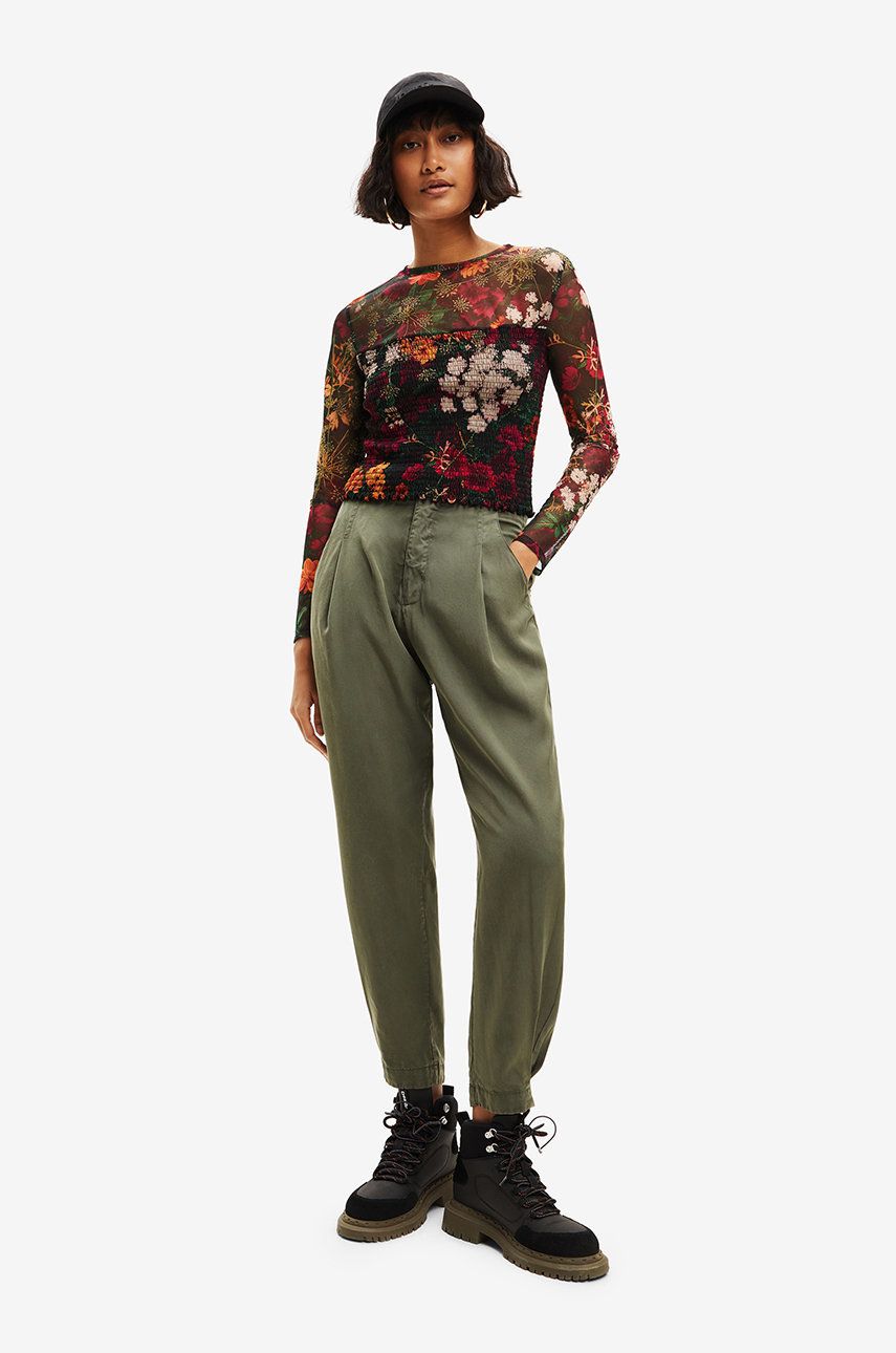 Textilné - Nohavice Desigual dámske, zelená farba, strih chinos, vysoký pás