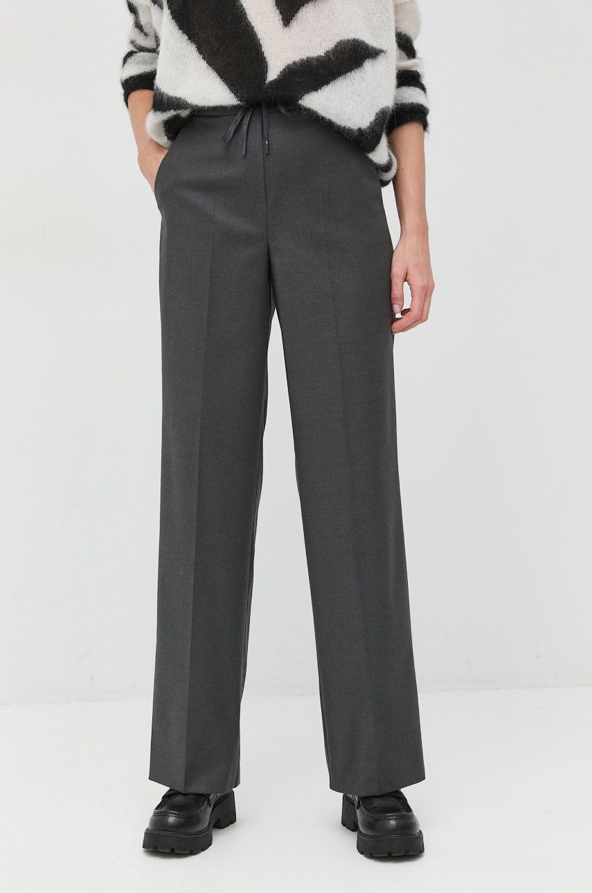 Marella pantaloni din lana femei, culoarea gri, lat, high waist answear.ro