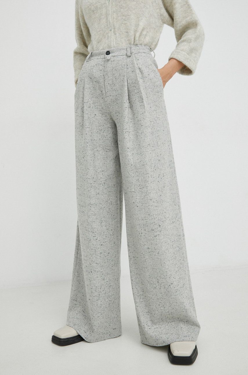 Drykorn pantaloni din lana Elate femei, culoarea gri, lat, high waist answear imagine noua