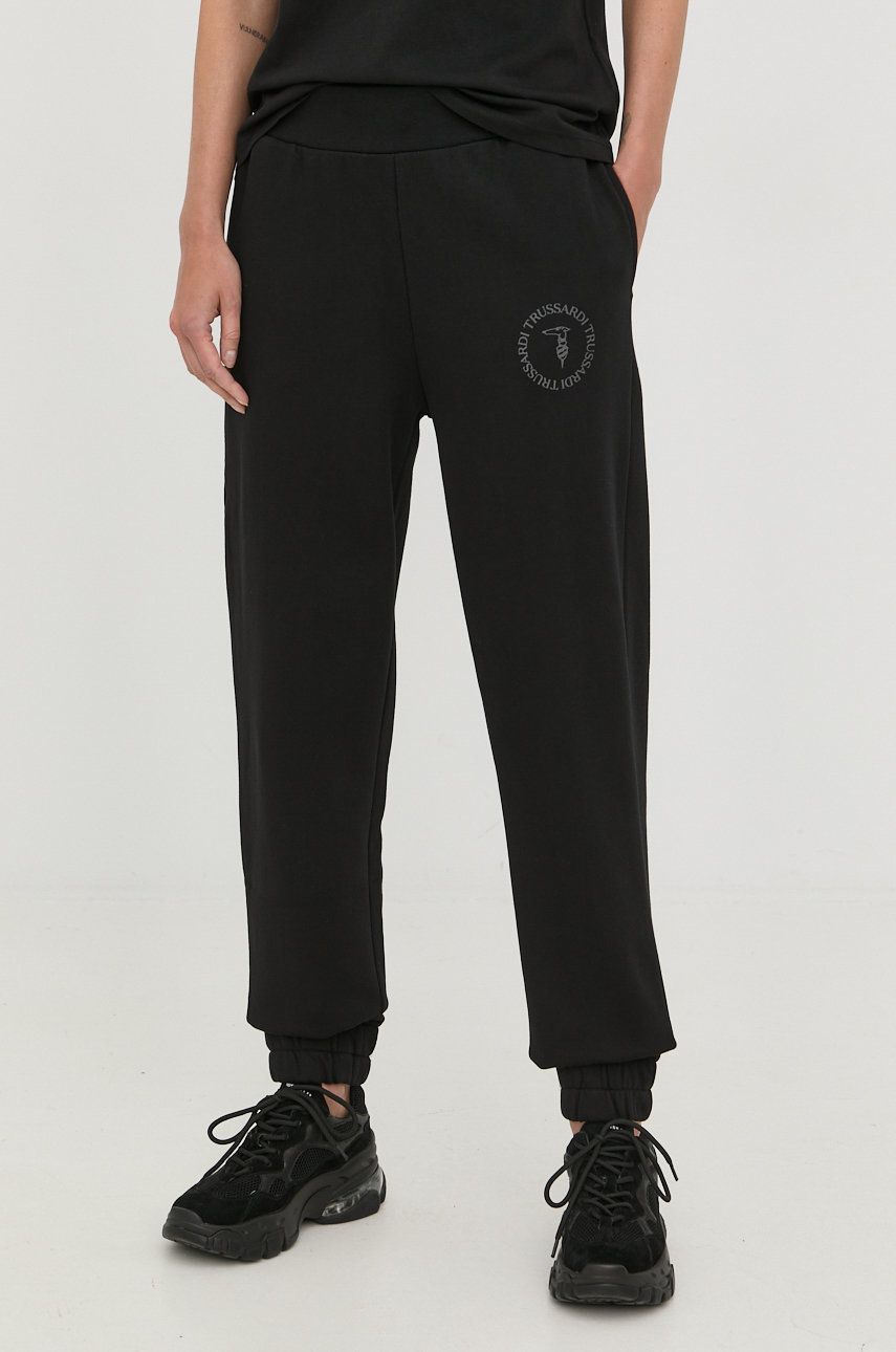 Trussardi pantaloni de trening din bumbac femei, culoarea negru, neted answear.ro