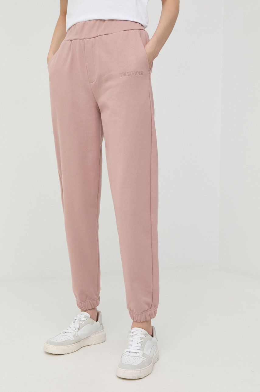 Trussardi pantaloni de trening din bumbac femei, culoarea roz, neted answear.ro imagine noua gjx.ro