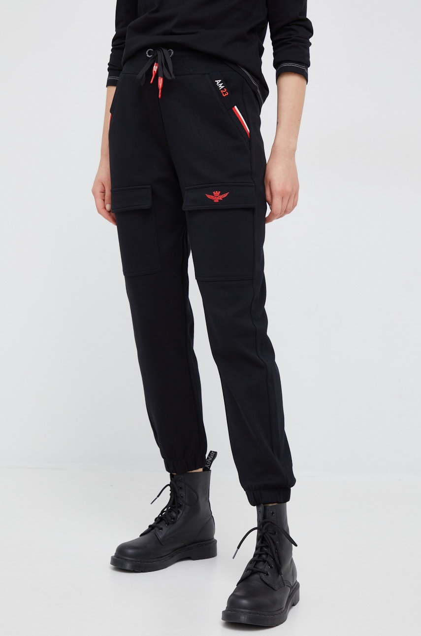 Aeronautica militare pantaloni de trening din bumbac femei, culoarea negru, drept, high waist