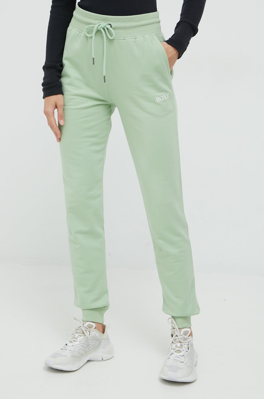 Roxy pantaloni de trening 6104620000 femei, culoarea verde, cu imprimeu