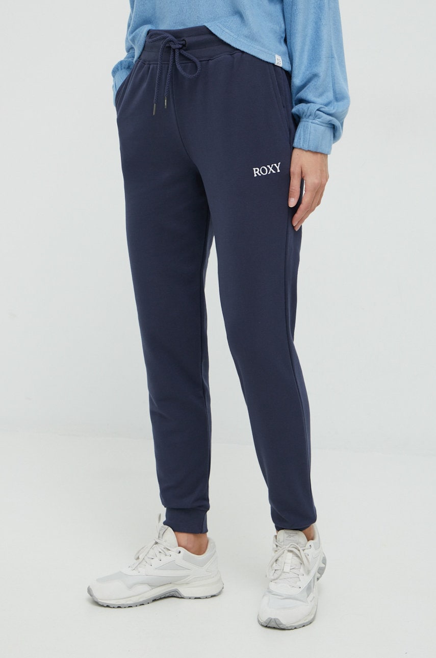 Roxy pantaloni de trening 6104620000 femei, culoarea albastru marin, cu imprimeu