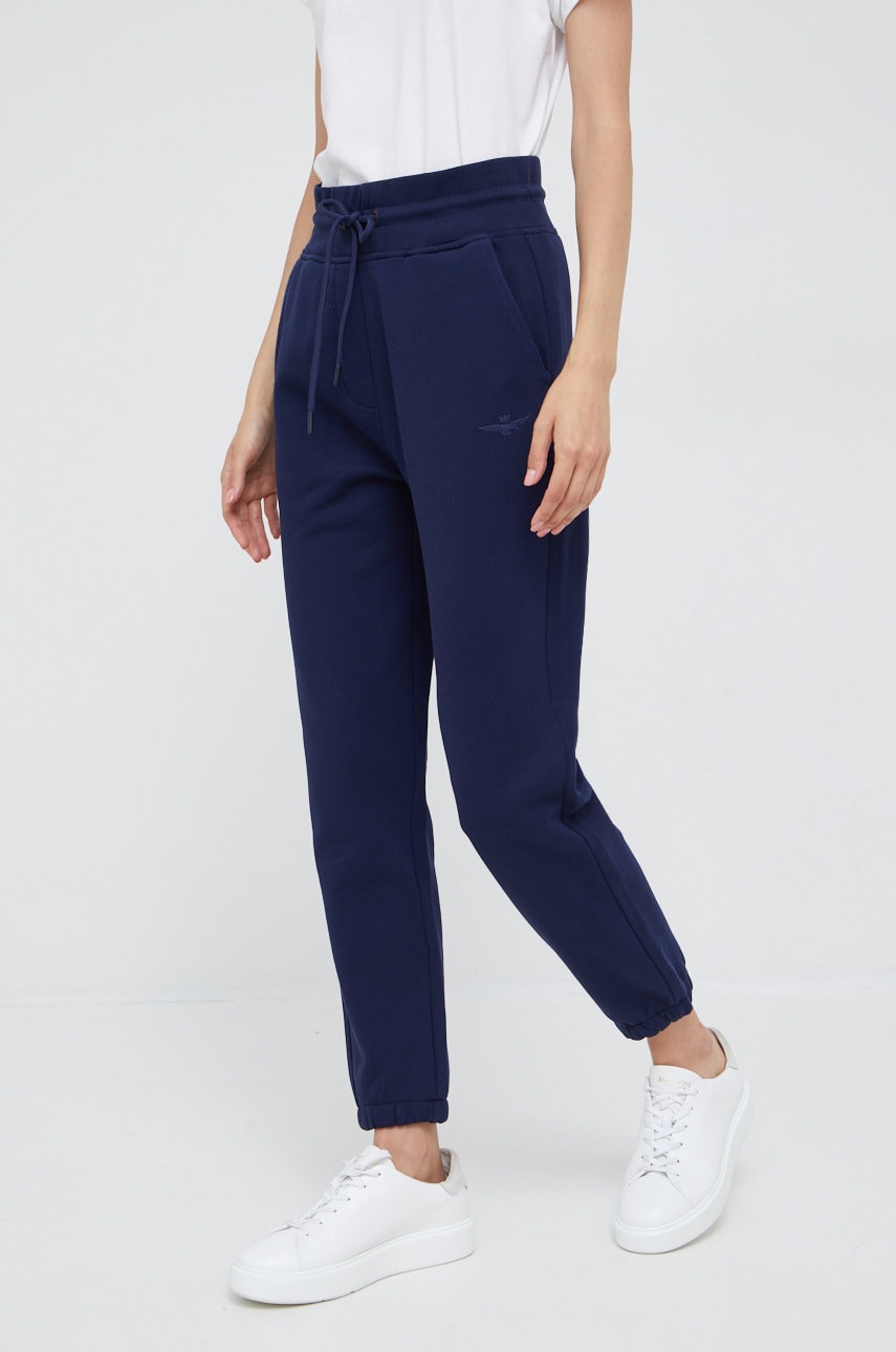 Aeronautica militare pantaloni de trening din bumbac femei, culoarea albastru marin, neted