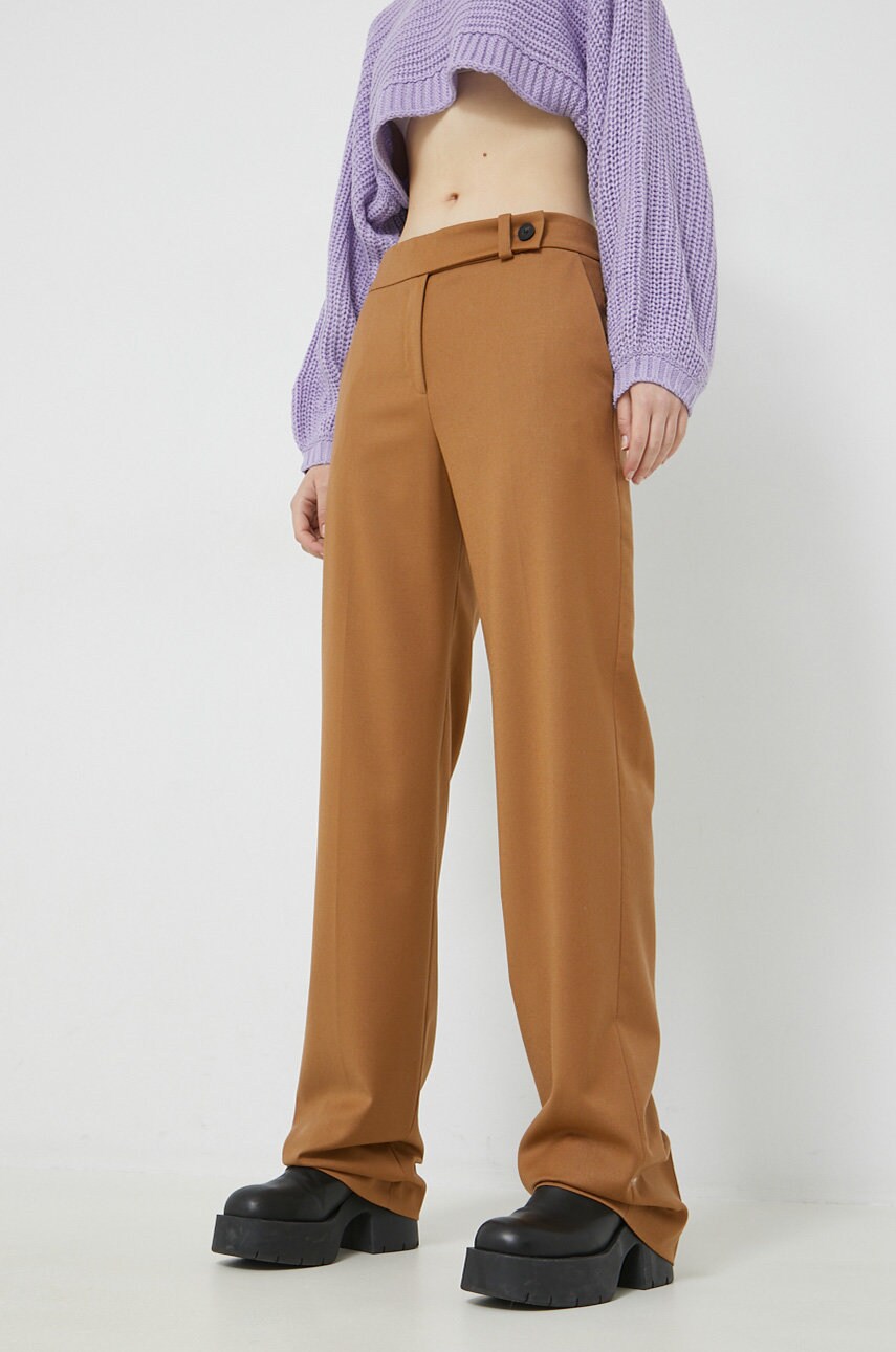 Hugo pantaloni de lana femei, culoarea maro, drept, high waist