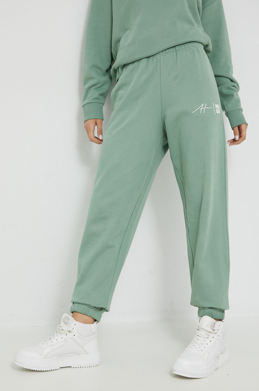 Hugo pantaloni de trening din bumbac femei, culoarea verde, neted