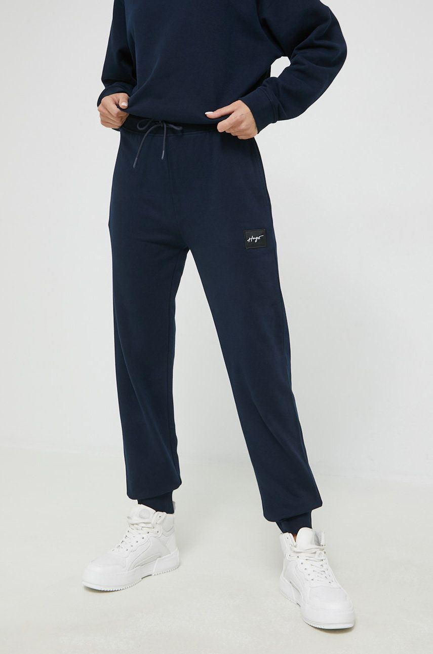 HUGO pantaloni de trening din bumbac femei, culoarea albastru marin, neted albastru imagine noua