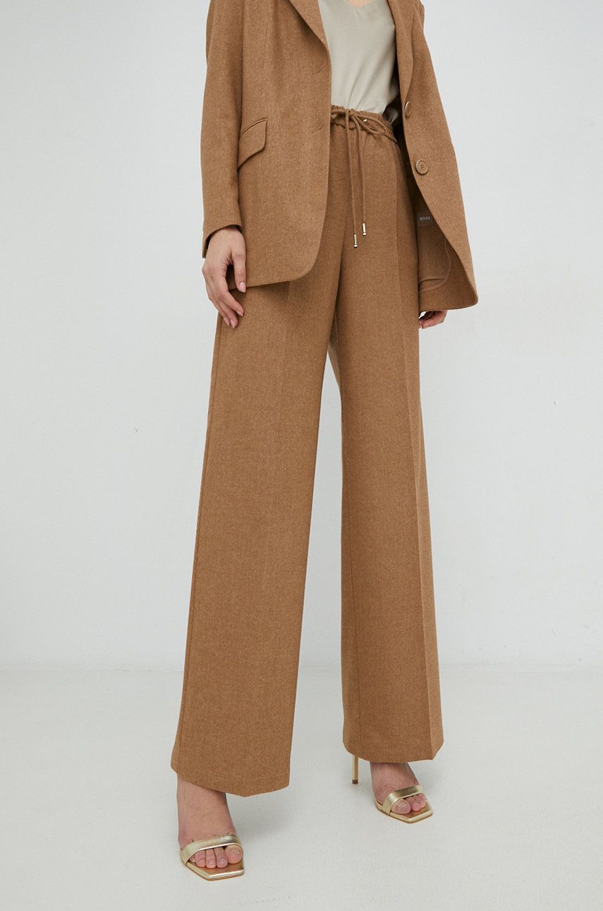 BOSS pantaloni din lana femei, culoarea bej, drept, high waist answear.ro imagine megaplaza.ro