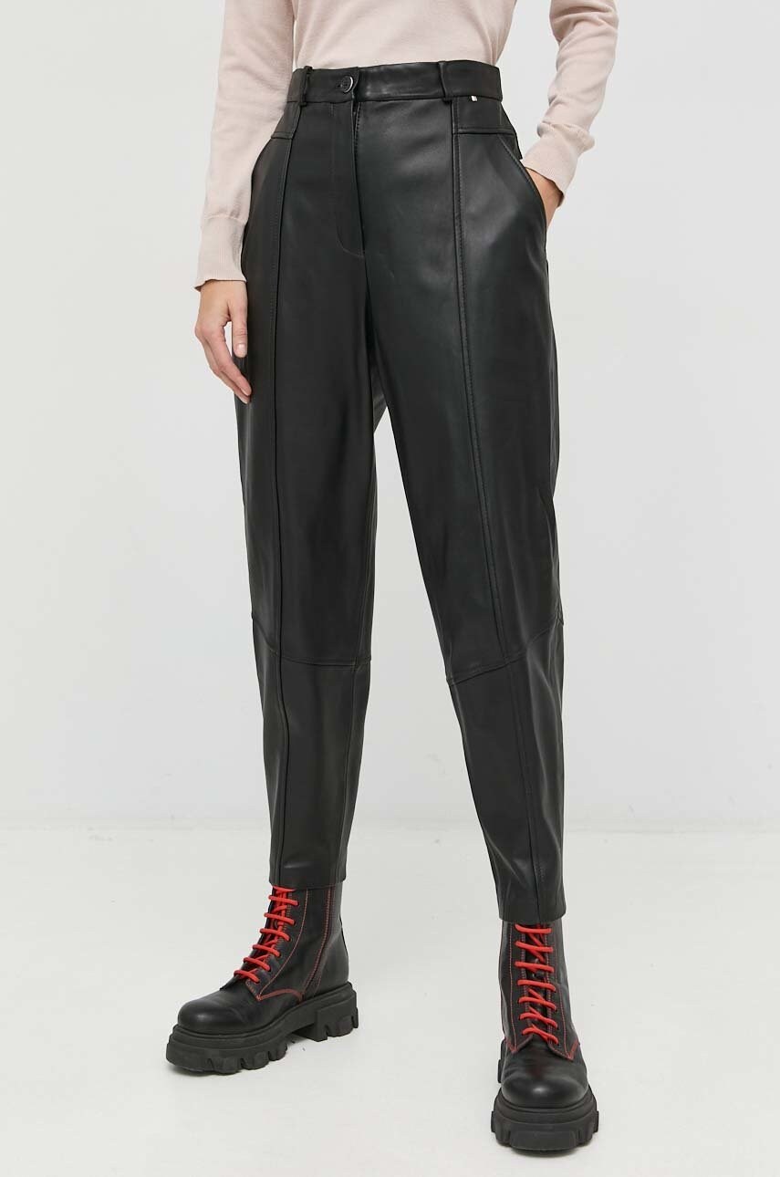Boss pantaloni de piele femei, culoarea negru, drept, high waist