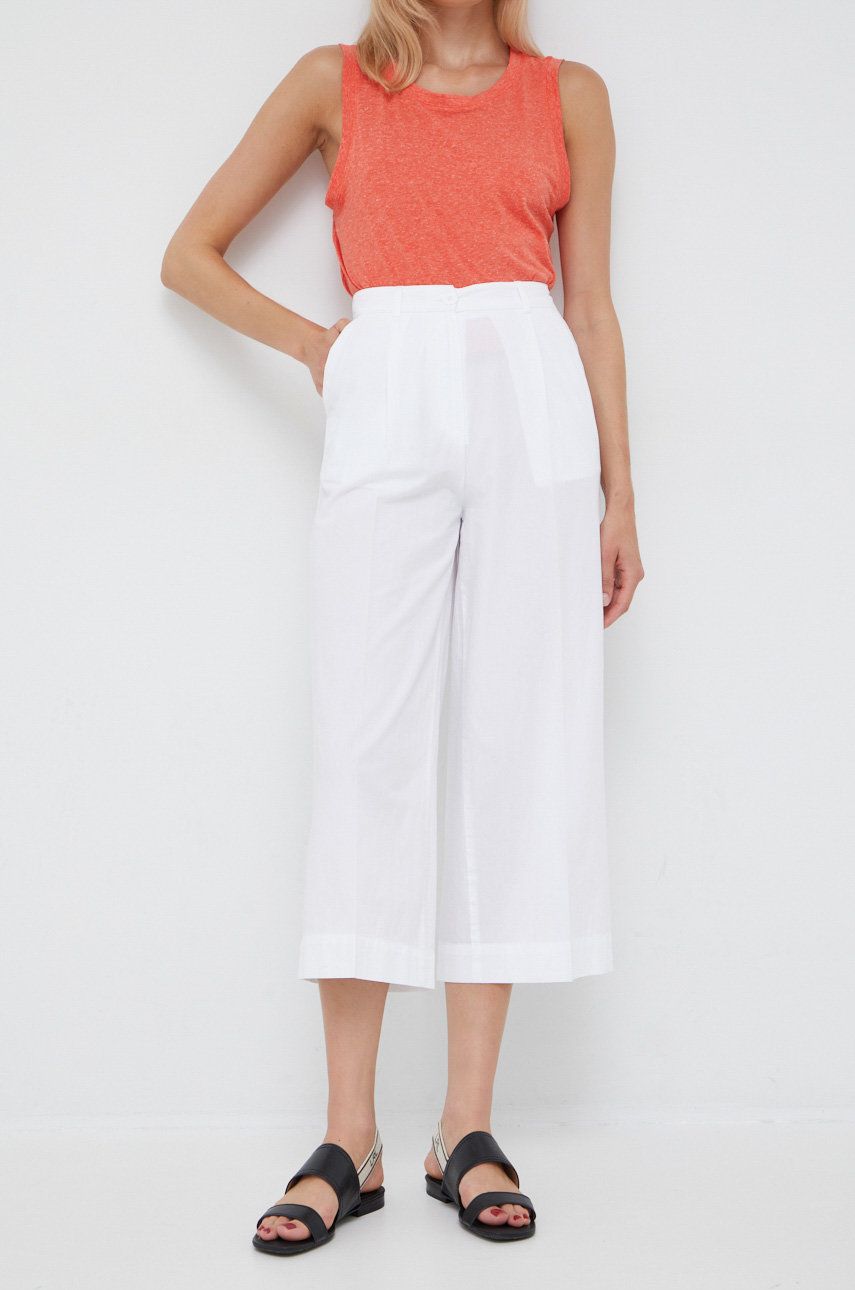 Bavlněné kalhoty Sisley dámské, bílá barva, široké, high waist - bílá -  100% Bavlna