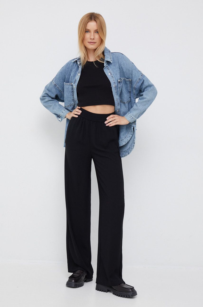 Sisley pantaloni femei, culoarea negru, lat, high waist answear.ro