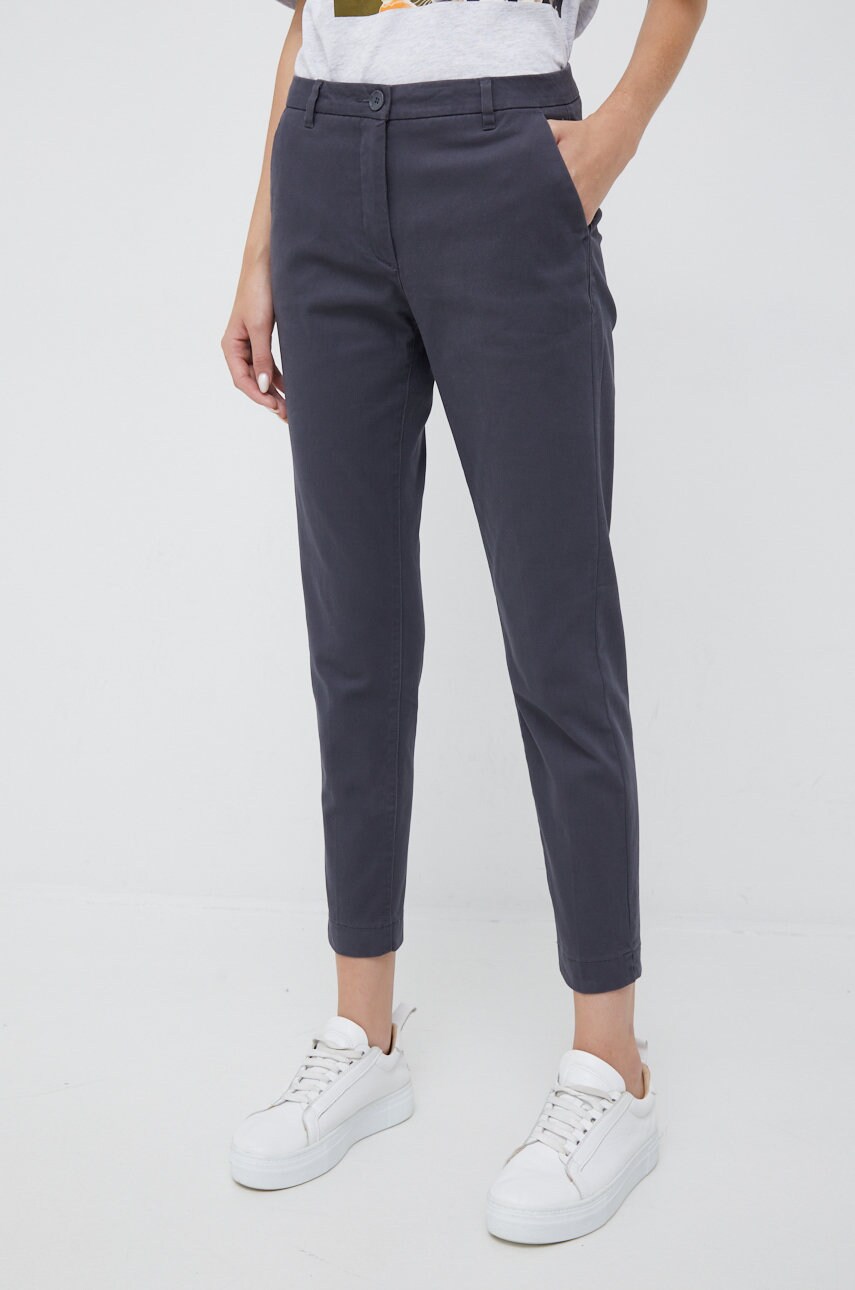 Sisley pantaloni femei, culoarea gri, fason chinos, high waist