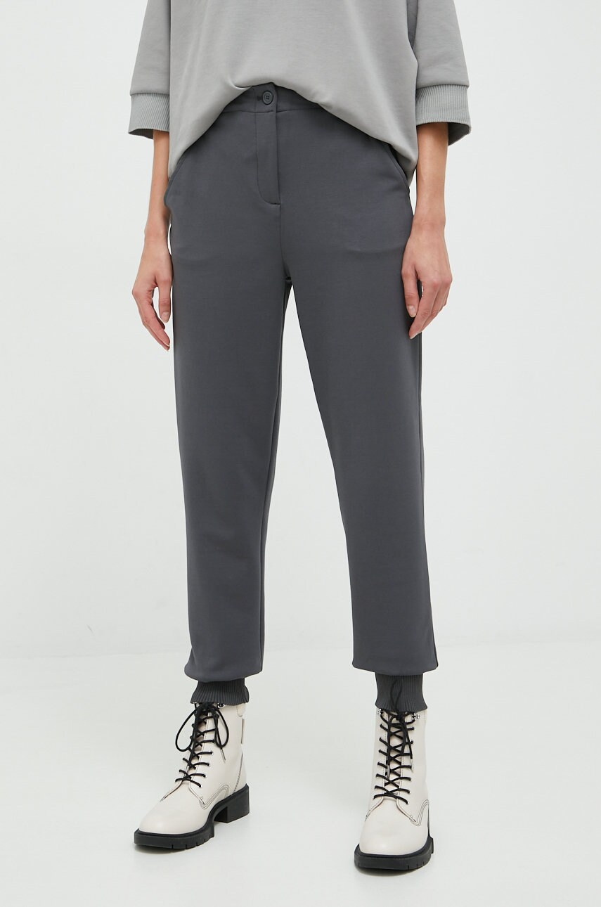 Sisley pantaloni femei, culoarea gri, drept, high waist