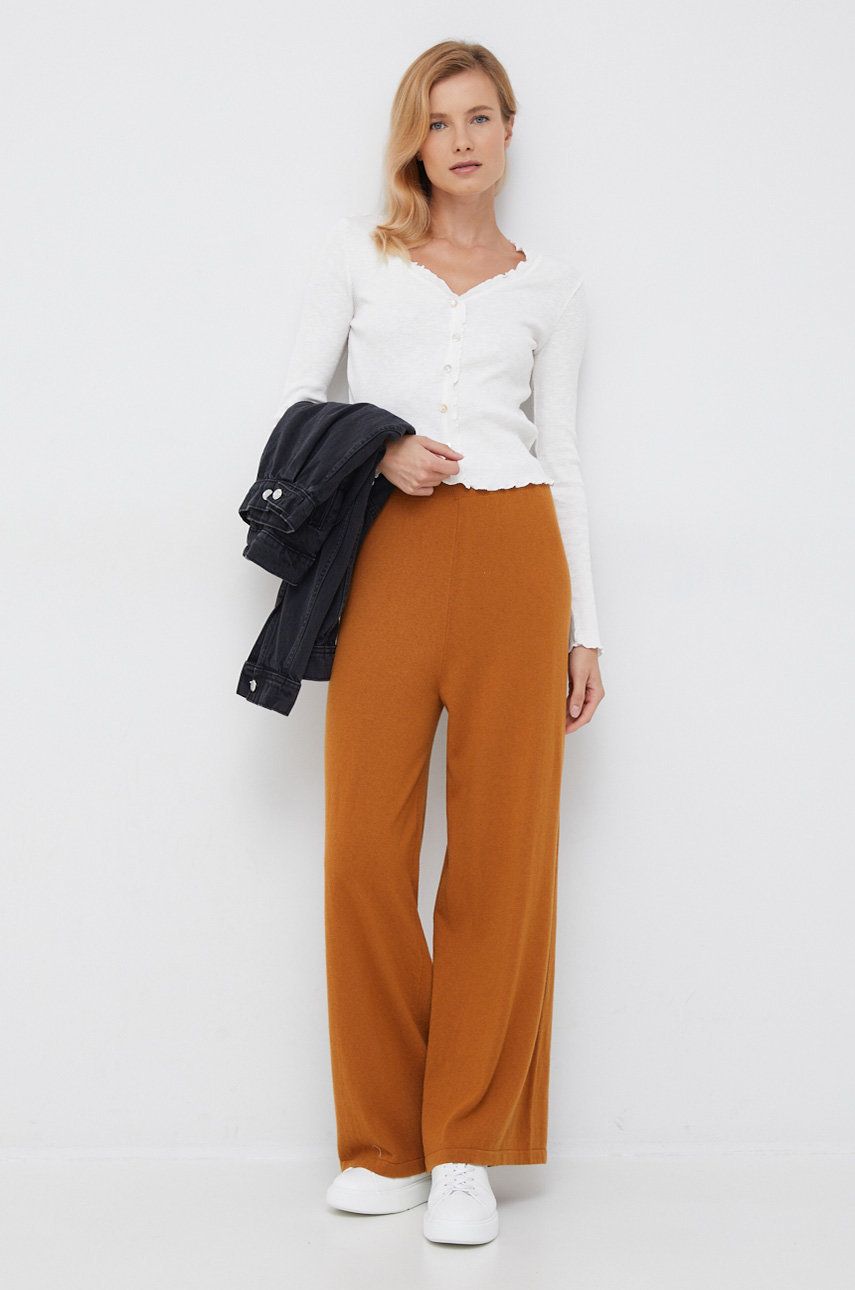 United Colors of Benetton pantaloni din amestec de casmir femei, culoarea portocaliu, lat, high waist answear.ro