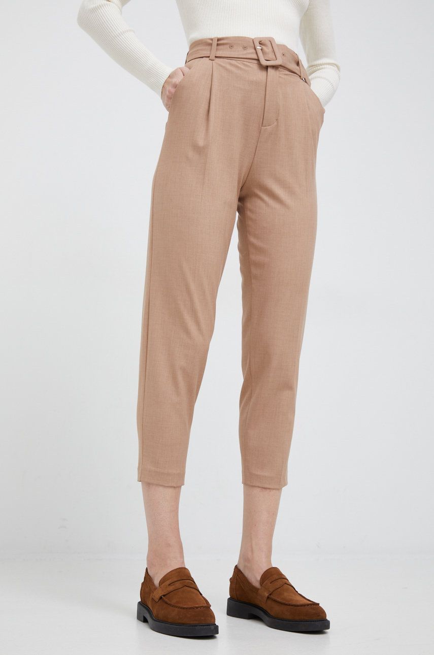 United Colors of Benetton pantaloni femei, culoarea bej, drept, high waist answear.ro
