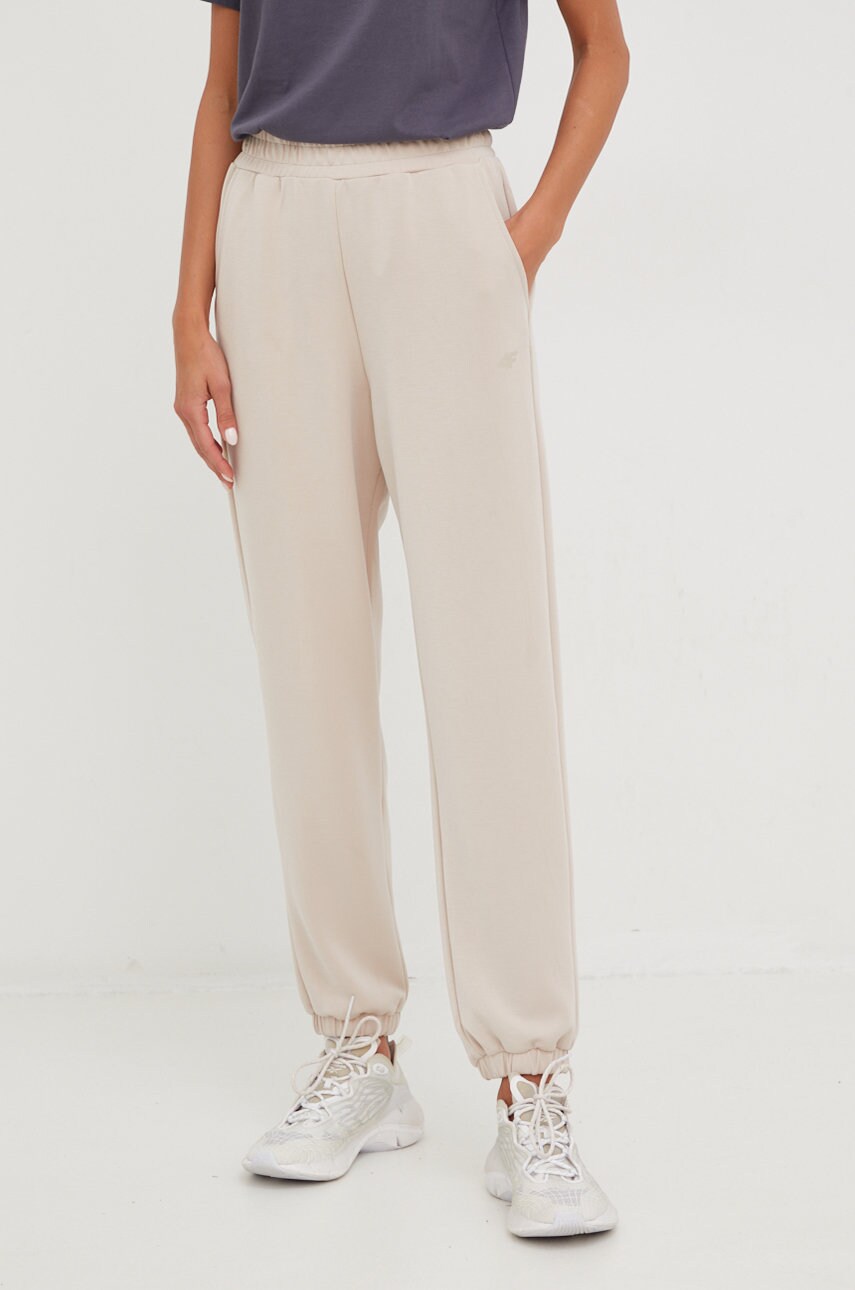 4f pantaloni de trening femei, culoarea bej, neted
