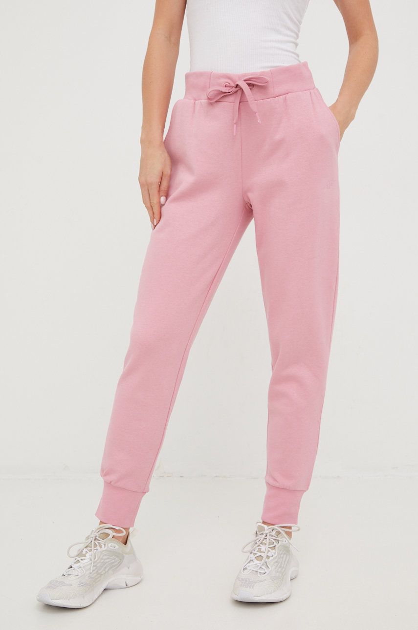 4F pantaloni de trening femei, culoarea roz, neted