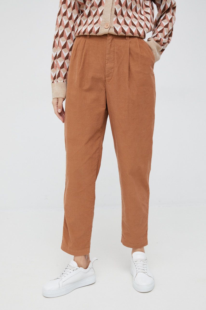 GAP pantaloni de catifea cord femei, culoarea maro, drept, high waist