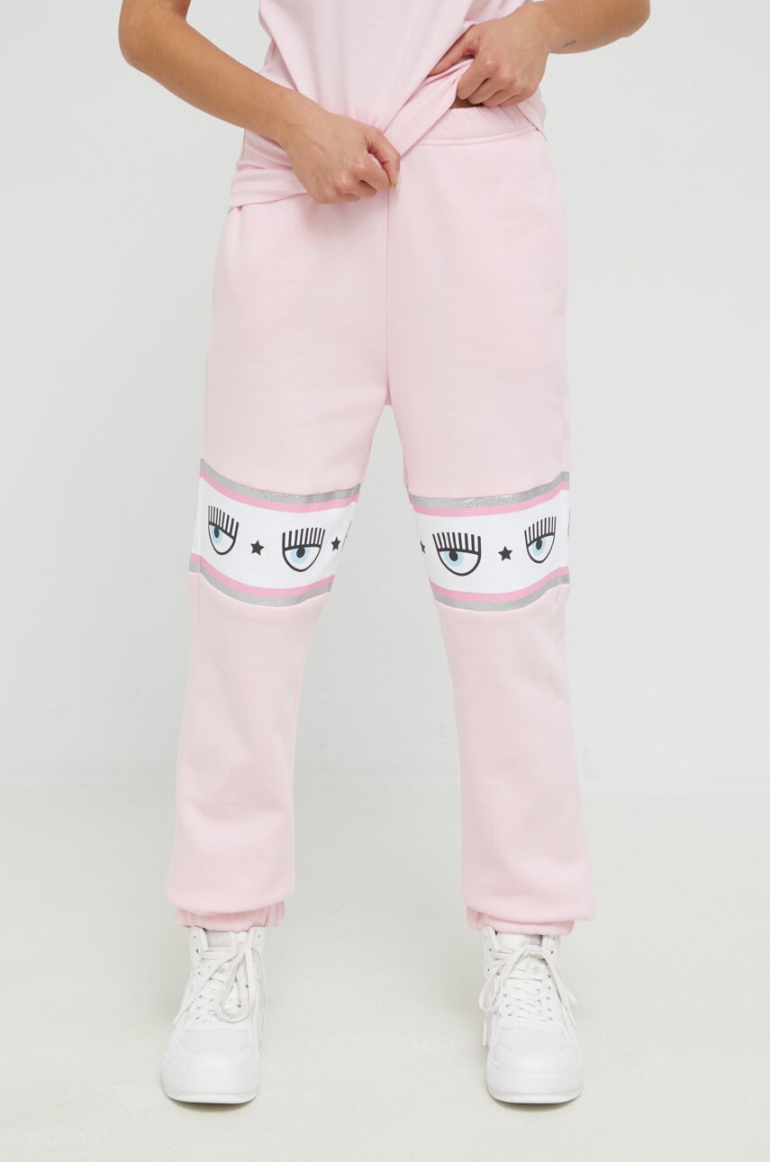 Chiara ferragni pantaloni de trening din bumbac femei, culoarea roz, cu imprimeu
