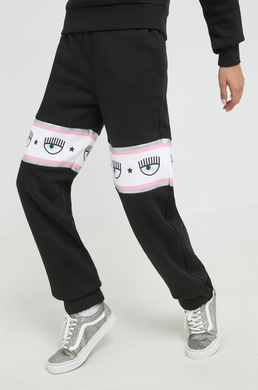 Chiara ferragni pantaloni de trening din bumbac femei, culoarea negru, cu imprimeu