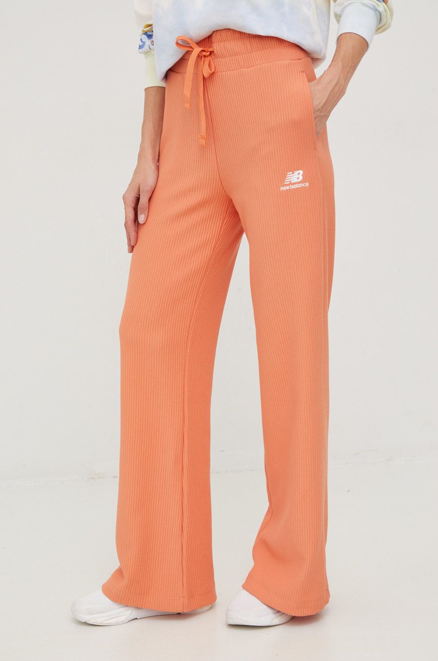 New Balance pantaloni de trening din bumbac femei, culoarea portocaliu, neted