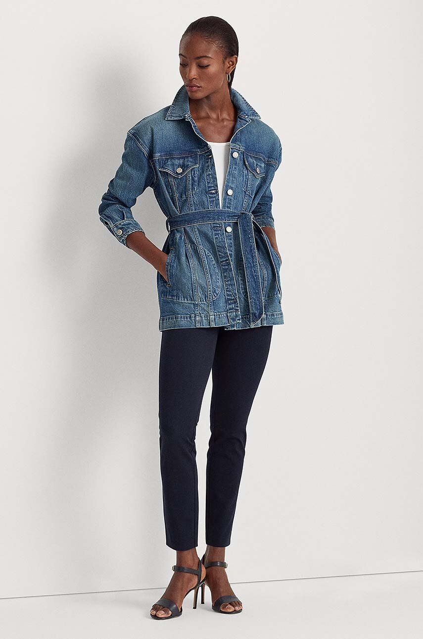 Kalhoty Lauren Ralph Lauren dámské, tmavomodrá barva, jednoduché, medium waist