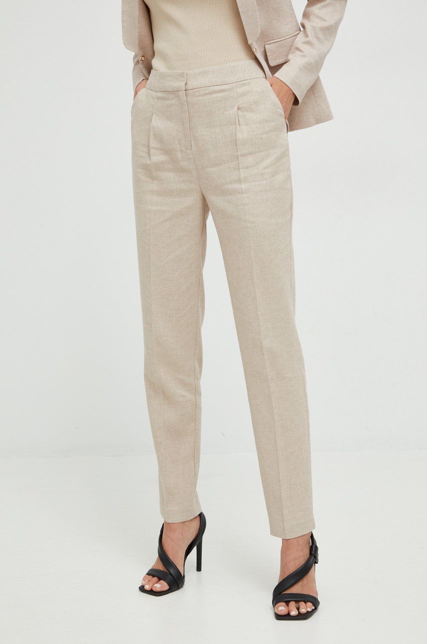 Morgan pantaloni din amestec de in femei, culoarea bej, drept, high waist