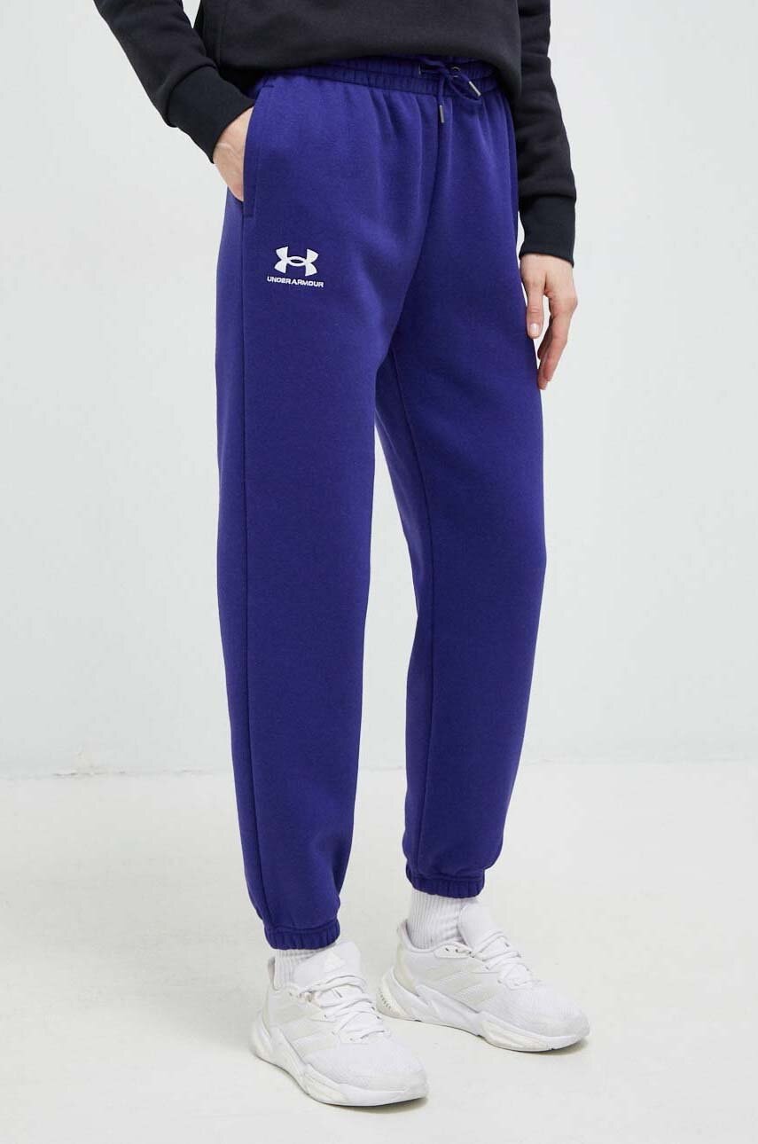 Under Armour pantaloni de trening femei, culoarea albastru marin, neted