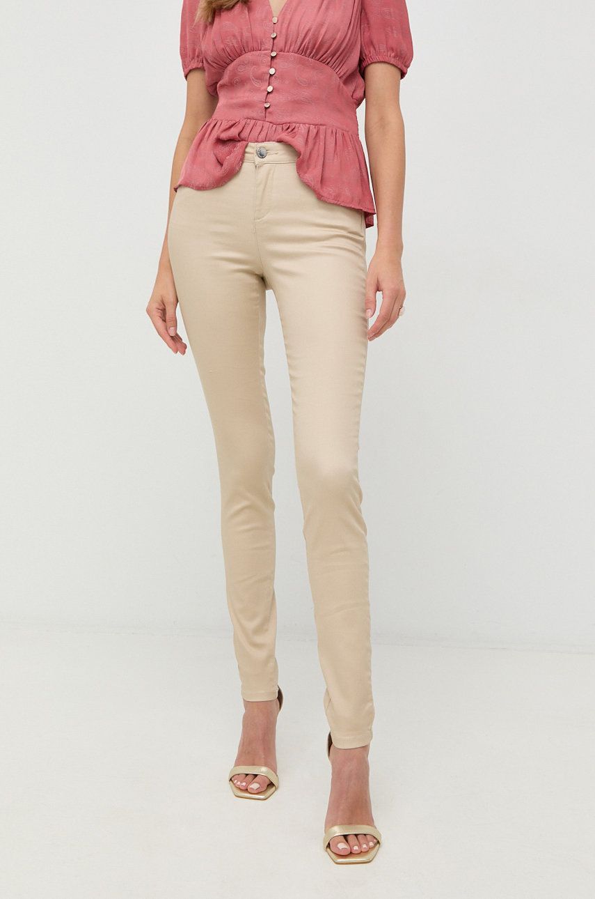 Kalhoty Morgan dámské, béžová barva, přiléhavé, high waist - béžová -  60 % Bavlna