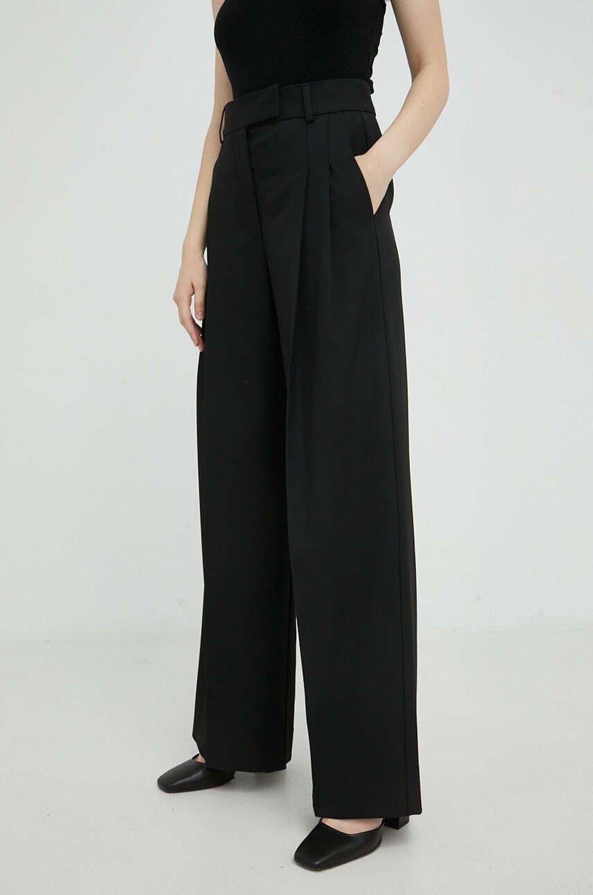 By malene birger pantaloni din lana femei, culoarea negru, lat, high waist