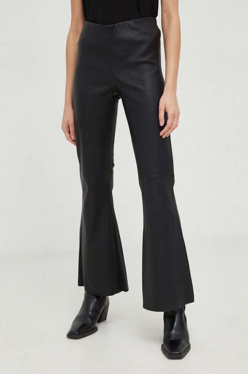 By Malene Birger pantaloni de piele femei, culoarea negru, evazati, high waist