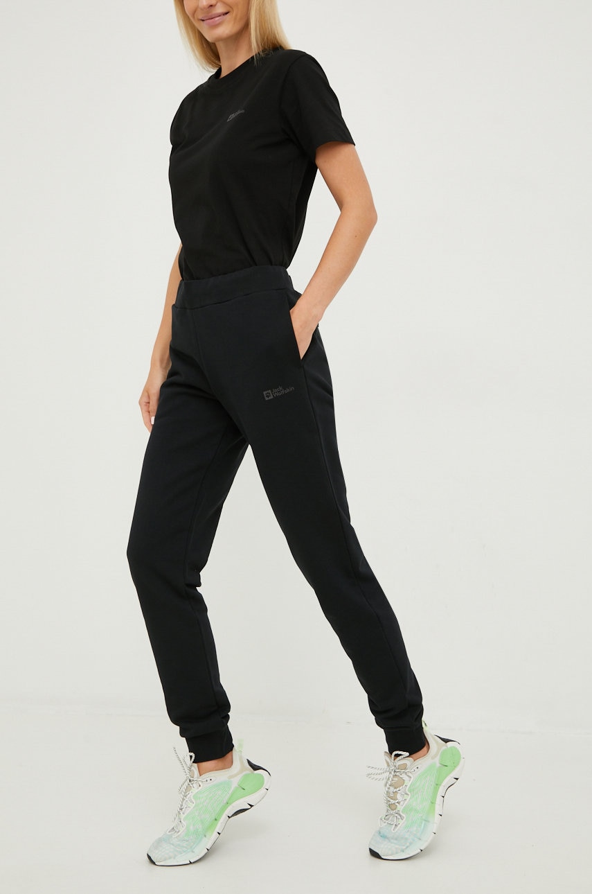 Jack Wolfskin pantaloni de trening din bumbac femei, culoarea negru, neted