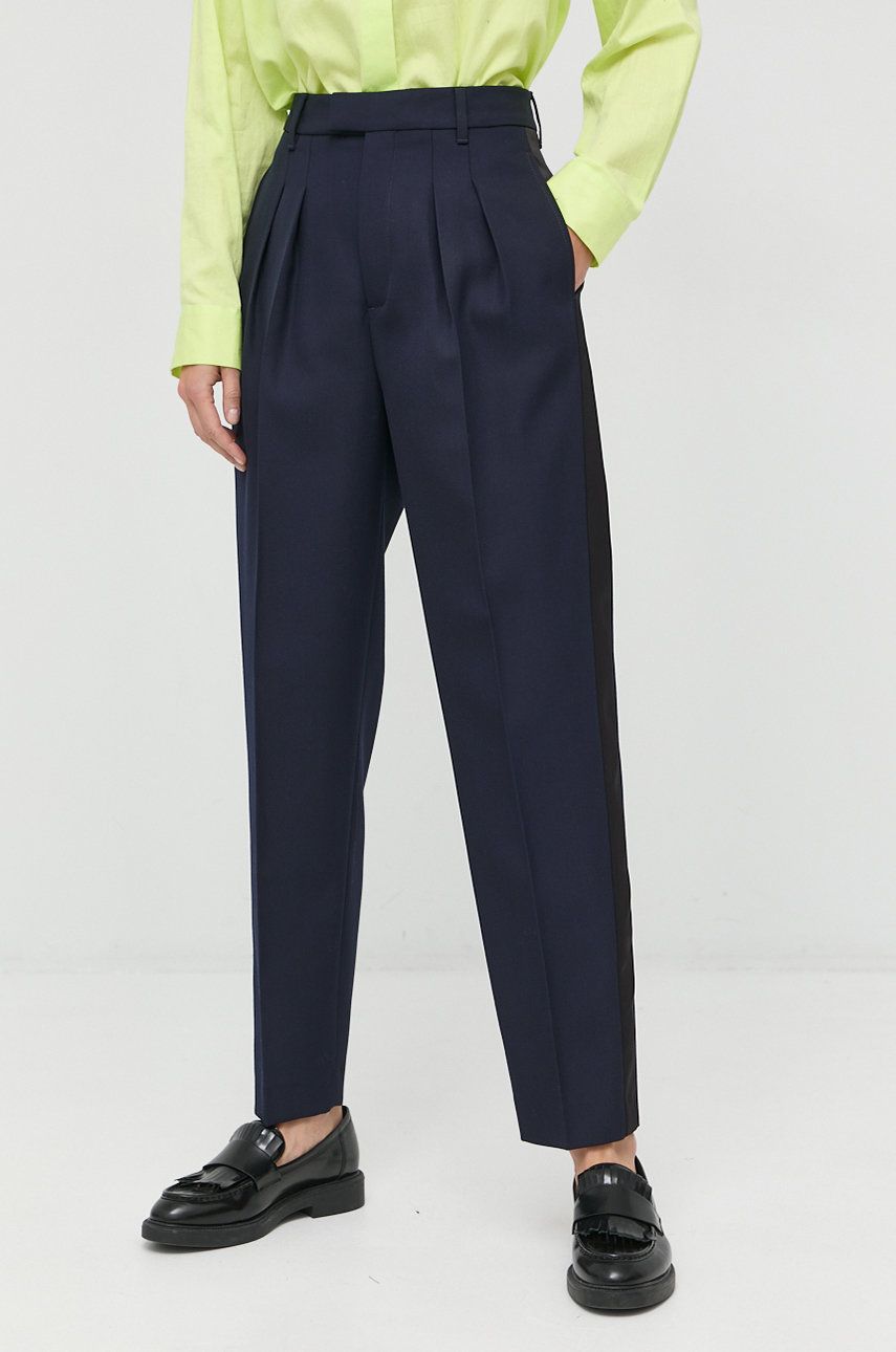 Karl Lagerfeld pantaloni din lana Karl Lagerfeld X Cara Delevingne femei, culoarea albastru marin, drept, high waist