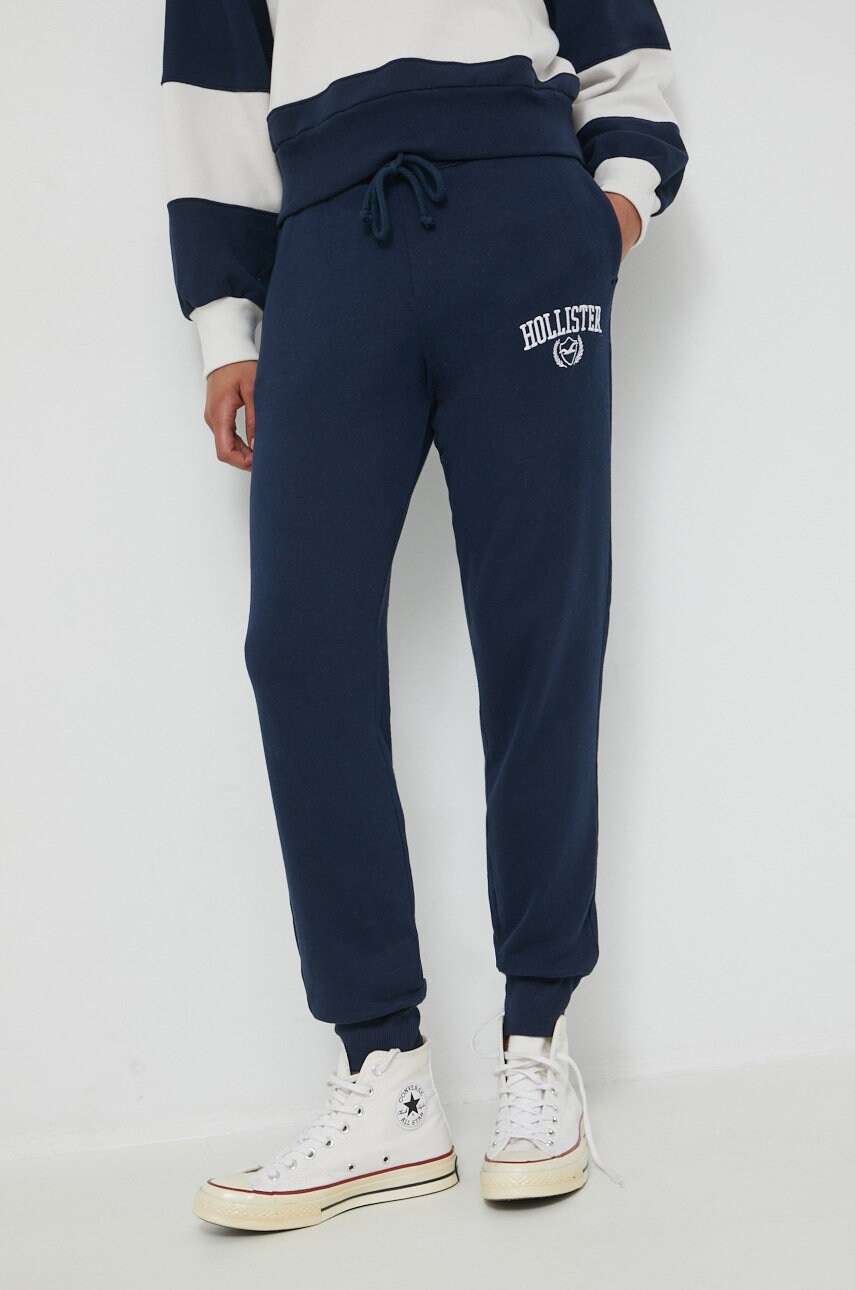 Hollister co. pantaloni de trening femei, culoarea albastru marin, cu imprimeu