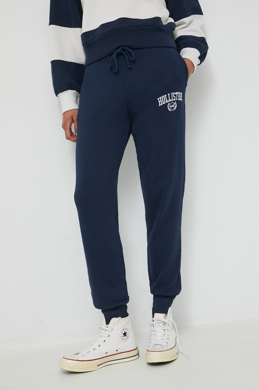 Hollister Co. pantaloni de trening femei, culoarea albastru marin, cu imprimeu