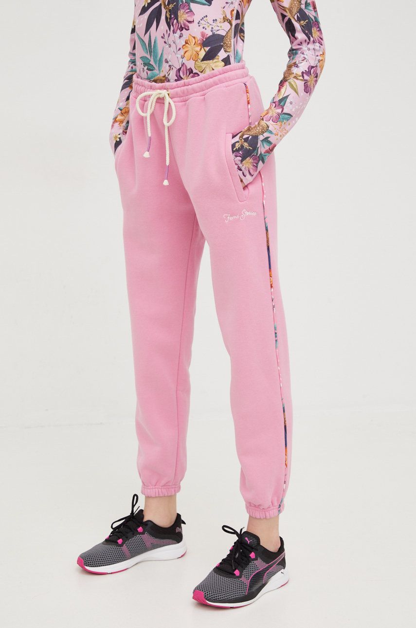 Femi Stories pantaloni de trening Haruka femei, culoarea roz, cu imprimeu answear.ro
